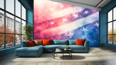 Celebration colorful firework on America flag pattern on sky background, red blue white strip concept for USA 4th july independence day, symbol of patriot freedom and democracy in memorial day festive Wall mural