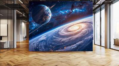 Celestial wallpaper featuring a mesmerizing galaxy of stars, planets, and cosmic clouds swirling in an endless expanse of space, evoking a sense of wonder and awe. Wall mural