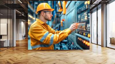 Industry Worker entering data in CNC machine at factory Wall mural