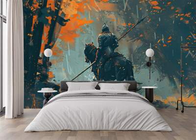 Knight in armor riding a horse on the battlefield, Fantasy medieval battle. Wall mural