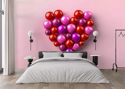 Multicolored Sphere Love Heart. Pink, Red Glass and Red Metallic Spheres arranged in a heart shape. Valentine's day Wall mural