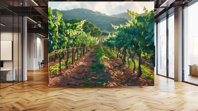 Picturesque vineyard with rows of lush grapevines stretching out in all directions, framed by rolling hills and bathed in the soft light of dawn Wall mural