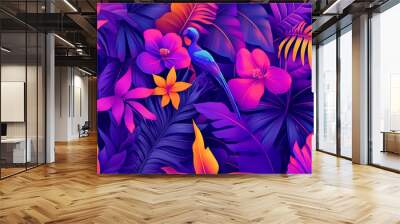 Seamless wallpaper pattern with tropical leaves and exotic flowers in vibrant colors, lively jungle Wall mural