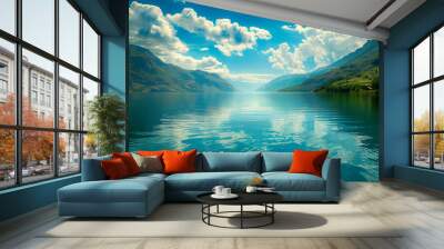 Serene landscape, with mountains in the distance and a calm lake reflecting the sky Wall mural