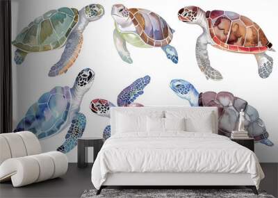 Set of funny cartoon sea turtles, isolated background, sea turtle watercolor Wall mural