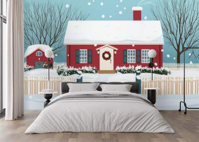 Traditional Christmas card adorned with a snowy landscape, a cozy cottage, and a festive wreath on the door, conveying warm wishes and holiday cheer to friends and family. Wall mural