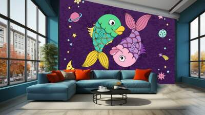 Pisces zodiac sign on night sky background with stars Wall mural