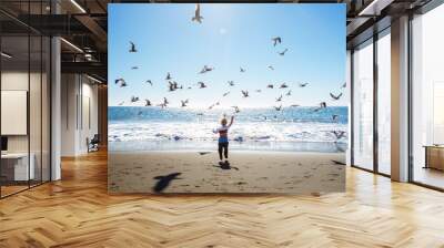 Happy and free boy on the beach with seagulls Wall mural