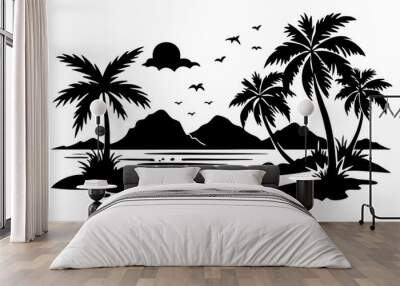  A landscape of a paradise beach silhouette vector icon on white background. Wall mural