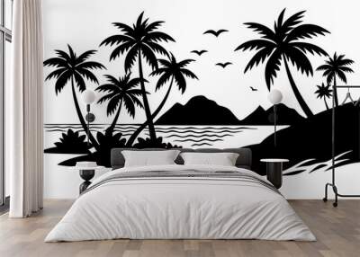  A landscape of a paradise beach silhouette vector icon on white background. Wall mural