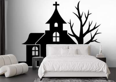 A haunted house with tree icon silhouette vector on white background. Wall mural