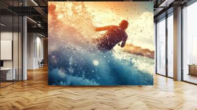 Man Surfing in a Wave at Sunset Wall mural