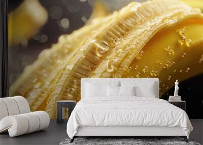 The image captures a close up of a ripe banana with droplets of water clinging to its surface Wall mural