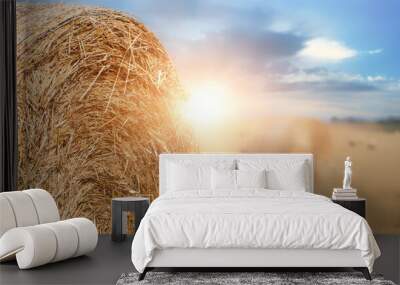 Big round bales on the field at sunset. Wall mural