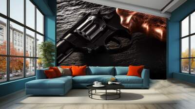 Black revolver with wooden handle, on dark stone background Wall mural