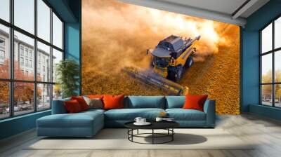 Ukraine harvester harvests wheat drone Top view. Wall mural