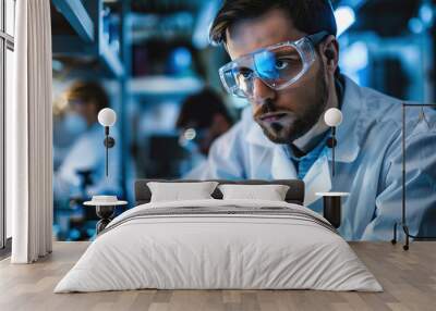 Image of the R&D center with portrait of engineers wearing protective glasses researching a new energy source Wall mural