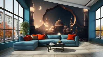 ai generated illustration festive greeting card for Muslim holy month Ramadan Kareem with mosque and crescent Wall mural