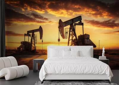 Ai generated illustration  silhouette of a rig at the backdrop of stunning orange sunset Wall mural