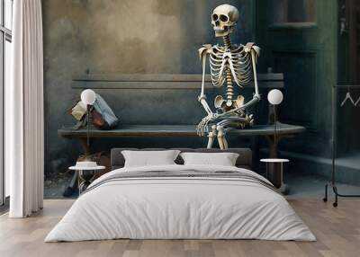 Ai generated illustration Skeletons sitting and waiting Wall mural