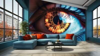 ai generated Robot  eyeball close-up with orange pupil scanning an eye Wall mural