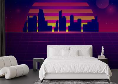 80s illustration, night landscape in retro style, city skyline at night Wall mural