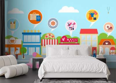 Small business, vector illustration of a town - hotel, cafe, piz Wall mural