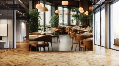 A modern restaurant with unique wood furniture and plant Wall mural