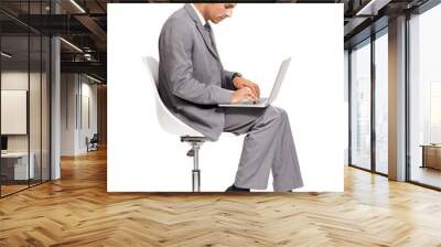 Business man, working and laptop browsing or on office chair or isolated and transparent background. Corporate, technology and png or young employee reading or on computer and working online Wall mural