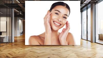 Natural beauty, woman and isolated portrait for skincare, dermatology and face makeup. Smile, girl or cosmetics product for self care, results or facial skin glow on transparent png background Wall mural