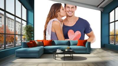 Portrait, kiss and couple with a heart, romance and bonding isolated against a transparent background. Face, partners and man with woman, kissing and symbol for love with romantic gesture and png Wall mural