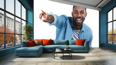 Portrait, pointing and black man with a choice, decision and confident guy isolated against a transparent background. Face, male person and happy model with gesture for direction, opportunity and png Wall mural