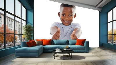 Portrait, smile and boy with thumbs up, child or agreement isolated on transparent background. Face, person or kid with happiness, hand gesture or emoji with feedback, png or symbol with like or icon Wall mural