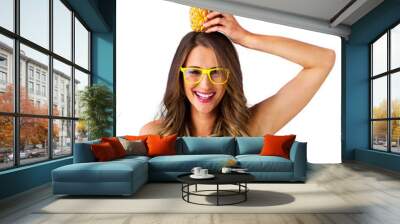 Sunglasses, portrait and woman with pineapple on head, healthy diet with tropical fruits for vegan nutrition. Model, face and laughing for detox wellness and isolated on transparent png background Wall mural