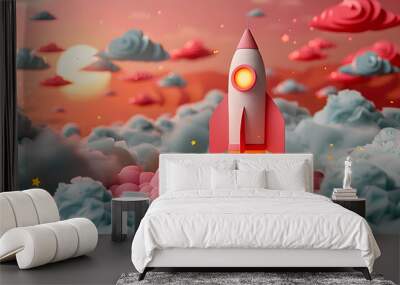 A Whimsical Paper Rocket Soaring Through Colorful Cosmic Clouds and Glittering Stars Wall mural