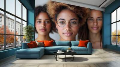 Three Women in Glasses, To showcase the beauty and diversity of young women wearing glasses as a fashion accessory and eye protection, while Wall mural