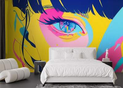 eye contact, overlapping colour prints, trendy layout, risograph print , minimal generated AI Wall mural