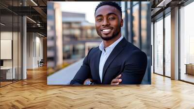 Confident Businessman Smiling in a Modern City Setting Wall mural