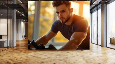 Man Exercising on a Stationary Bike in a Gym with a Window Behind Him Wall mural