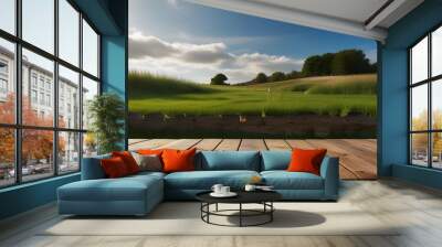 A natural spring garden background of fresh green grass with a bright blue sunny sky with a wooden table to place cut out products on. Generative AI Wall mural