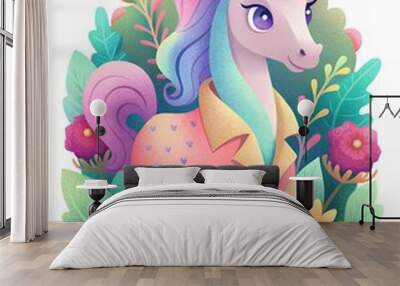 Cute green cartoon unicorn with flowers and leaves on white background. Wall mural