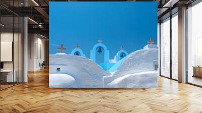 Cycladic greek orthodox church on Paros island, Greece. White crosses against blue sea and sky Wall mural