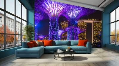 Night view of illuminated Supertree Grove at Gardens by the Bay in Singapore Wall mural