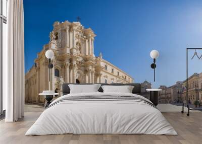 Panorama of an empty Piazza Duomo and of the Cathedral of Syracuse in Sicily Wall mural