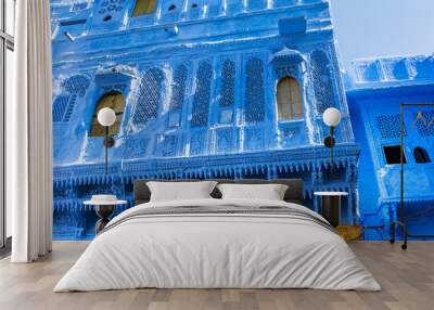 Traditional blue windows and wall in Blue City Jodhpur, India. Wall mural