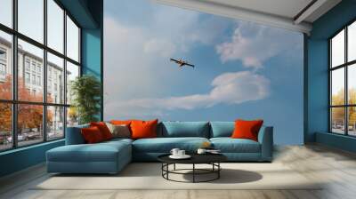 Fire fighter airplane and two seagulls on blue sky Wall mural