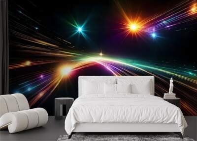 Cosmological radiation, glare from the sun, and abstract colorful lens flare effect clip art isolated on black backdrop. Wall mural