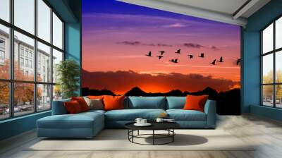 Silhouette of flying birds over red sunset Wall mural