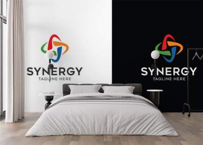 Synergy logo, concept of two or more entities working together. Interlocking circles symbolize the coming together of various elements Wall mural