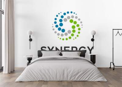 Synergy logo, concept of two or more entities working together. Interlocking circles symbolize the coming together of various elements Wall mural